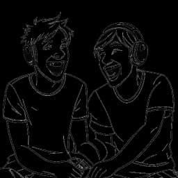 Lijn tekening van Cryaotic en PewDiePie, twee mannen die lachend samen videospellen spelen.