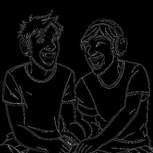 Lijn tekening van Cryaotic en PewDiePie, twee mannen die lachend samen videospellen spelen.