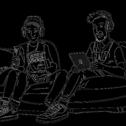 Lijn tekening van Cryaotic en Russ Money, twee vrienden die op een bank zitten met microfoons, hun gamessessie live streamen.