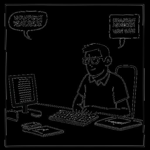 Dibujo de arte lineal de un hombre, representando a Cryaotic, con gafas, ojos azules y cabello castaño claro, sentado en un escritorio con una computadora, y un globo de diálogo que contiene las palabras 'interacciones inapropiadas con mujeres menores de edad' con un calendario mostrando el mes 'junio de 2020' en el fondo, todo en un fondo blanco.