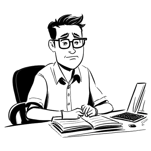 Dibujo de arte lineal de un hombre, representando a Cryaotic, con gafas, ojos azules y cabello castaño claro, sentado en un escritorio con una computadora y un micrófono, con las palabras 'charlas de Cry' escritas en un bloc de notas a su lado, y un calendario mostrando la fecha '20 de junio de 2020' en el fondo, todo en un fondo blanco.
