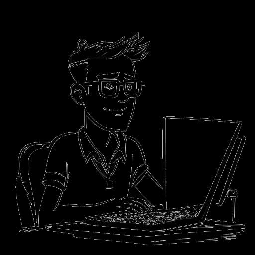 Dibujo de arte lineal de un hombre, representando a Cryaotic, con gafas, ojos azules y cabello castaño claro, sentado en un escritorio con una computadora, y un globo de diálogo en forma de corazón que contiene los nombres 'Cryaotic' y 'Cheyenne' con las edades '22' y '16' escritas debajo de ellos, todo en un fondo blanco.