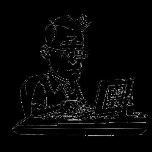 Dibujo de arte lineal de un hombre, representando a Cryaotic, con gafas, ojos azules y cabello castaño claro, sentado en un escritorio con una computadora y un micrófono, con las palabras 'CryBabies' escritas en un bloc de notas a su lado, y un calendario mostrando el año '2013' en el fondo, todo en un fondo blanco.