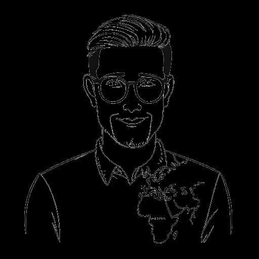 Dibujo de arte lineal de un hombre, representando a Cryaotic, con gafas, ojos azules y cabello castaño claro, sosteniendo un mapa del mundo destacando los países de Alemania, Italia, Escocia, Irlanda, Francia y los Estados Unidos (con un enfoque en la Nación Cherokee), todo en un fondo blanco.