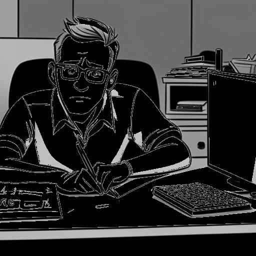 Dibujo de arte lineal de un hombre, representando a Cryaotic, con gafas, ojos azules y cabello castaño claro, sentado en un escritorio con una computadora y un micrófono, con las palabras 'Late Night with Cry and Russ' escritas en un bloc de notas a su lado, y un calendario mostrando los años 2011-2020 en el fondo, todo en un fondo blanco.