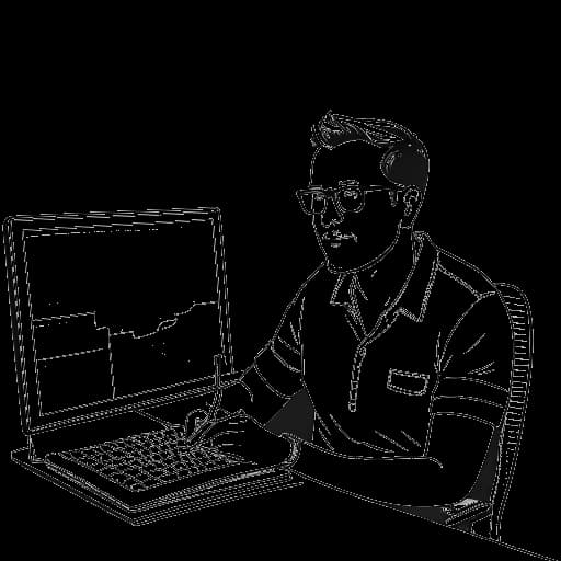Dibujo de arte lineal de un hombre, representando a Cryaotic, con gafas, ojos azules y cabello castaño claro, sentado en un escritorio con una computadora y un mapa de Binghamton, Nueva York y Florida en el fondo, todo en un fondo blanco.