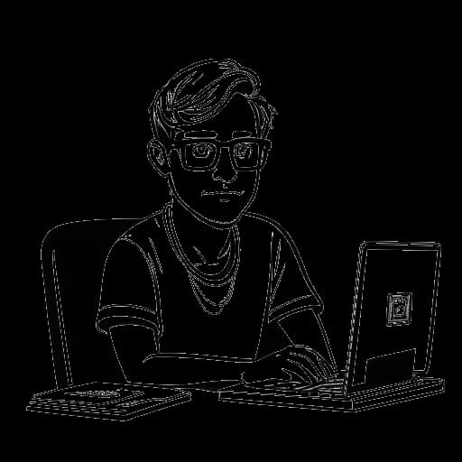 Dibujo de arte lineal de un hombre, representando a Cryaotic, con gafas, ojos azules y cabello castaño claro, sentado en un escritorio con una computadora, rodeado de tres globos de diálogo que contienen los nombres 'PewDiePie', 'Jesse Cox' y 'CinnamonToastKen', todo en un fondo blanco.