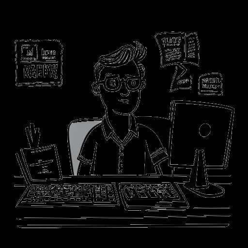Dibujo de arte lineal de un hombre, representando a Cryaotic, con gafas, ojos azules y cabello castaño claro, sentado en un escritorio con una computadora, rodeado de cuatro globos de diálogo que contienen las palabras 'compromiso', 'ansiedad', 'TDAH' y 'crecimiento', todo en un fondo blanco.