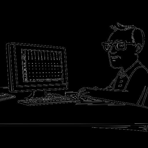 Dibujo de arte lineal de un hombre, representando a Cryaotic, con gafas, ojos azules y cabello castaño claro, sentado en un escritorio con una computadora, y un gráfico que muestra el crecimiento de suscriptores de 100k a 2.7 millones entre 2012 y 2017, todo en un fondo blanco.