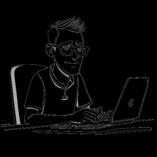 Dibujo de arte lineal de un hombre, representando a Cryaotic, con gafas, ojos azules y cabello castaño claro, sentado en un escritorio con una computadora, y las palabras 'ChaoticMonki' y 'Cryosin' escritas en un bloc de notas a su lado, todo en un fondo blanco.