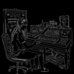 Lijntekening van een meisje dat Lil Tay vertegenwoordigt, zelfverzekerd in gesprek met een bekende muziekproducent, te midden van muziekapparatuur in een opnamestudio, tegen een witte achtergrond.