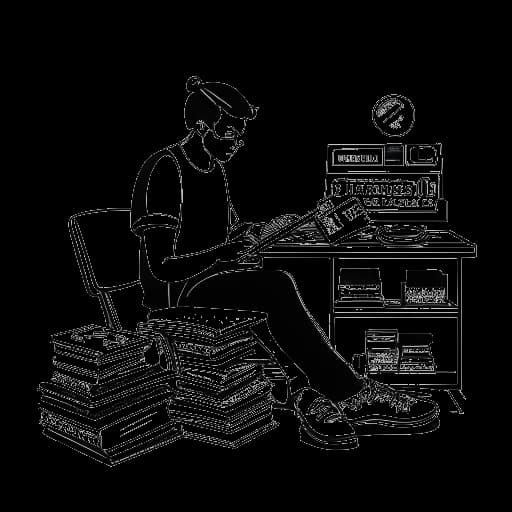 Strichzeichnung eines Mannes, der Knossi darstellt und konzentriert an einem Gaming-Setup sitzt, während er eine Pokerkarte und eine Musiknote hält. Im Hintergrund sind Stapel von Büchern, ein Musikchart-Hit und das Logo eines Modelabels zu sehen, was seine vielfältigen unternehmerischen Bestrebungen symbolisiert, alles auf einem einfachen weißen Hintergrund.