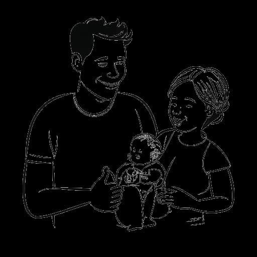 Strichzeichnung eines Mannes, der Knossi darstellt, mit seiner Frau und seinem Sohn, mit einer Las Vegas-Hochzeitskapelle und einer Babyflasche im Hintergrund