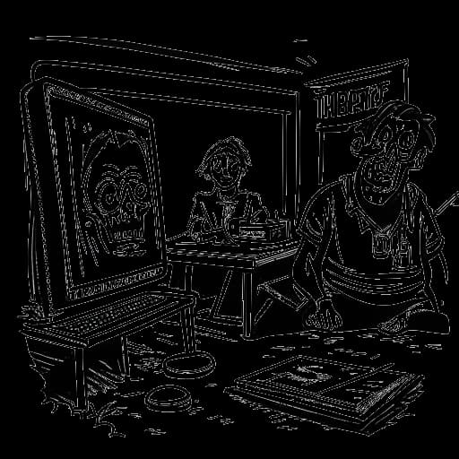 Strichzeichnung eines Mannes, der Knossi darstellt, moderiert eine Horrorcamp-Veranstaltung, mit einem Twitch-Logo und einem Zuschauerzähler im Hintergrund