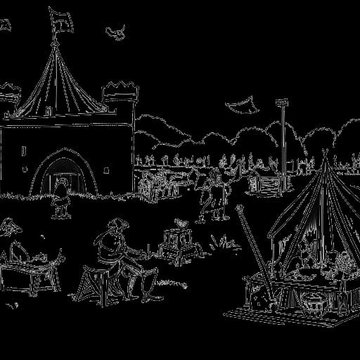 Strichzeichnung eines Mannes, der Knossi darstellt, veranstaltet ein Mittelalter-Camp-Event, mit einem Schloss und einem Livestream-Timer im Hintergrund