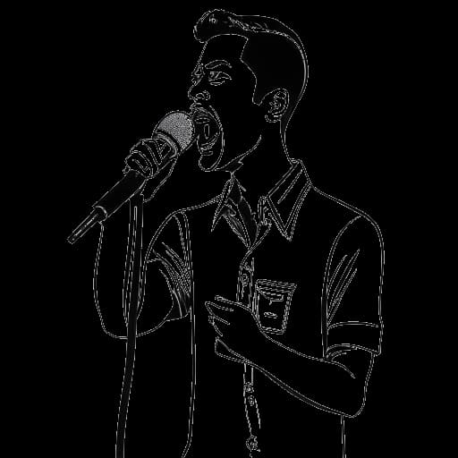 Strichzeichnung eines Mannes, der Knossi darstellt, hält ein Mikrofon, mit Musiknoten und Albumcovern im Hintergrund