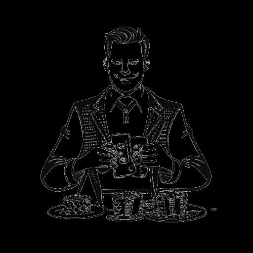 Strichzeichnung eines Mannes, der Knossi darstellt, hält einen Pokal, umgeben von Spielkarten und Pokerchips