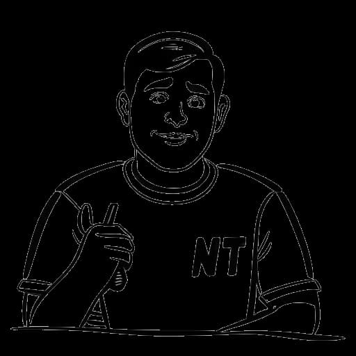 Strichzeichnung eines Mannes, der Knossi darstellt, nimmt an einer Sportquizshow teil, mit einem Sport1-Logo im Hintergrund