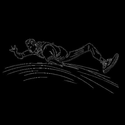 Strichzeichnung eines Mannes, der Knossi darstellt, auf einem WipeOut-ähnlichen Hindernisparcours