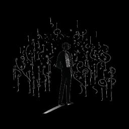 Strichzeichnung eines Mannes, der Sido repräsentiert und im Mittelpunkt steht, umgeben von Musiknoten, die seinen beruflichen Erfolg und persönliche Herausforderungen symbolisieren.