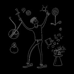 Strichzeichnung eines Mannes, der Sido repräsentiert, der verschiedene Interessen jongliert und damit seine vielfältigen Beiträge über die Musik hinaus symbolisiert.
