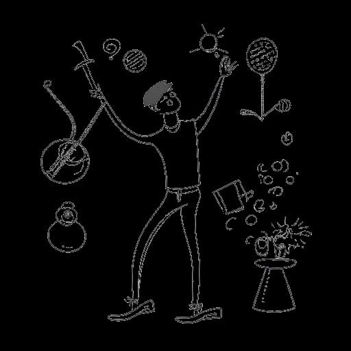Strichzeichnung eines Mannes, der Sido repräsentiert, der verschiedene Interessen jongliert und damit seine vielfältigen Beiträge über die Musik hinaus symbolisiert.