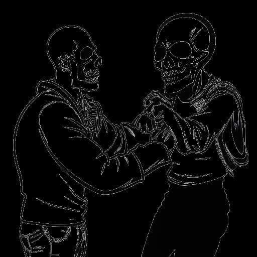 Strichzeichnung von zwei Männern, die Sido und Azad darstellen, die sich in einer körperlichen Auseinandersetzung befinden