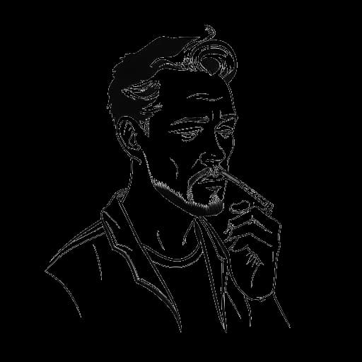 Strichzeichnung eines Mannes, der Sido darstellt, der einen Joint hält und entschlossen aussieht