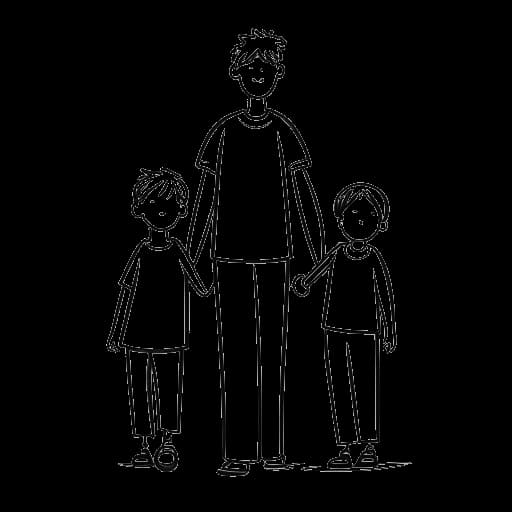 Strichzeichnung eines Mannes, der Sido darstellt, der mit seiner Frau und seinen beiden Söhnen Händchen hält