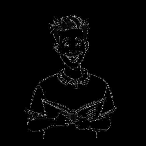 Strichzeichnung eines Mannes, der Sido darstellt, der ein Buch mit dem Titel 'Krabat' hält und lächelt