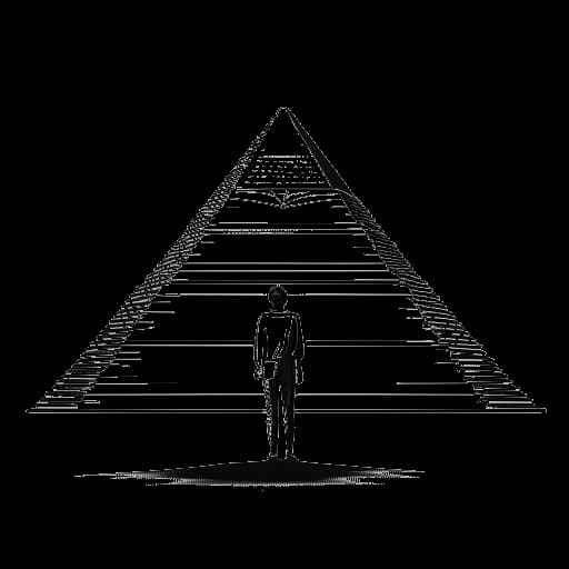 Strichzeichnung eines Mannes, der Sido darstellt, der neben einer goldenen Pyramide steht