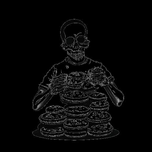 Strichzeichnung eines Mannes, der Sido darstellt, der Donuts stapelt und eine Totenkopfmaske trägt