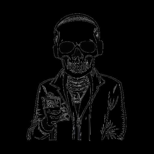 Strichzeichnung eines Mannes, der Sido darstellt, der eine Fernsehsendung moderiert und eine Totenkopfmaske trägt