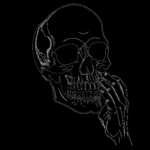 Strichzeichnung eines Mannes, der Sido darstellt, der eine Totenkopfmaske abnimmt und sein Gesicht zeigt