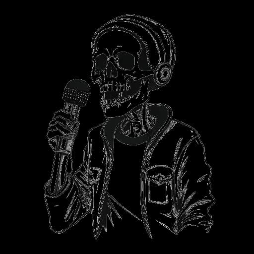 Strichzeichnung eines Mannes, der Sido darstellt, mit einem Mikrofon und einer Totenkopfmaske