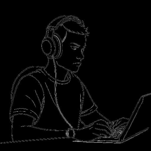 Strichzeichnung eines Mannes, der Sido darstellt, der mit Kopfhörern einen Twitch-Stream anschaut