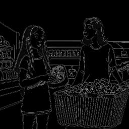 Line art drawing of a young girl, representing Lily Chee, casually shopping when discovered by a talent scout, set in a supermarket produce aisle, against a white backdrop.