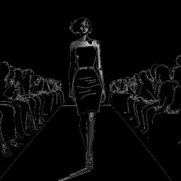 Line art drawing of a confident young girl, representing Lily Chee, modeling on a fashion runway with casting agents looking on, highlighted by runway spotlights, on a white backdrop.