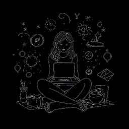 Line art drawing of a young girl, representing Lily Chee, engaging with her laptop surrounded by social media icons, indicating her online influence and growing audience, on a white backdrop.