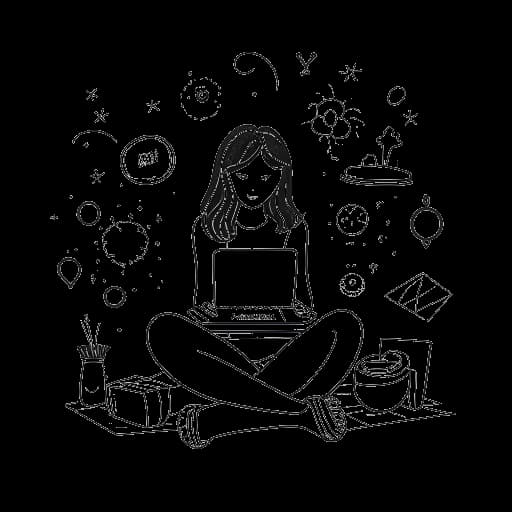 Line art drawing of a young girl, representing Lily Chee, engaging with her laptop surrounded by social media icons, indicating her online influence and growing audience, on a white backdrop.