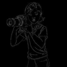 Line art drawing of a young girl, representing Lily Chee as Young Elektra, in a martial arts pose with a film camera and Netflix logo, symbolizing her acting career, on a white backdrop.