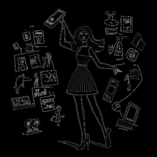 Line art drawing of a young woman, representing Lily Chee, in a dynamic modeling pose on a catwalk with camera flashes in the background, a film clapperboard beside her, and social media icons surrounding her, illustrating her multi-faceted career against a white backdrop.