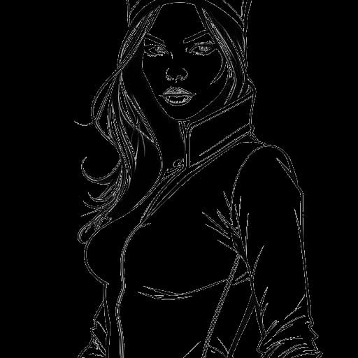 Line art drawing of a young woman, representing Lily Chee, dressed as Elektra from 'Daredevil'