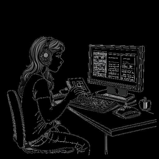 Line art drawing of a young woman, representing Lily Chee, editing a video on a computer, with the names of video editing tools and the 8mm vintage effect in the background