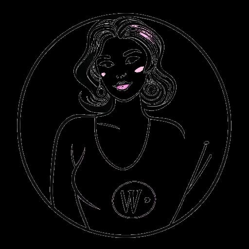Line art drawing of a young woman, representing Lily Chee, holding a sign with the Virgo zodiac symbol and the color pink