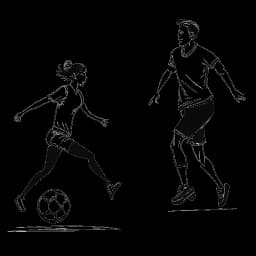 Strichzeichnung eines Mannes, der Sebastian Meyer (Rewinside) darstellt, der Fußball spielt, und einer lächelnden Frau, die sein persönliches Leben repräsentiert.