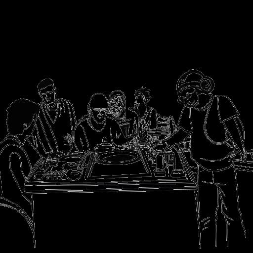 Strichzeichnung eines Mannes, der Sebastian Meyer (Rewinside) darstellt, der als DJ in einem Club auftritt, während die Leute seine Musik genießen.
