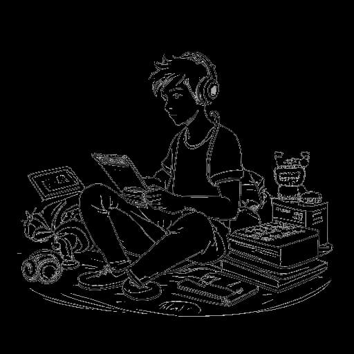 Strichzeichnung eines Mannes, der Sebastian Meyer (Rewinside) darstellt, der verschiedene Aktivitäten wie Videospielen, Studieren und das Erkunden von Musik ausübt.
