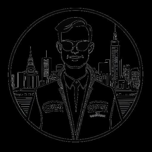 Strichzeichnung eines Mannes, der Rewinside darstellt, der ein VIP-Abzeichen trägt und eine Maske hält, im Hintergrund die Kölner Skyline