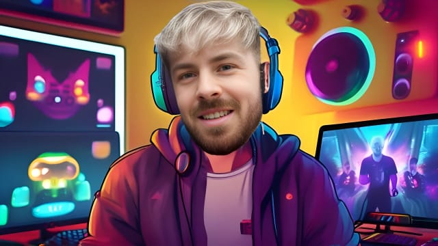 Sebastian Meyer, also known as Rewinside, holding a gaming controller while wearing headphones, with multiple screens and devices in a fully equipped gaming room